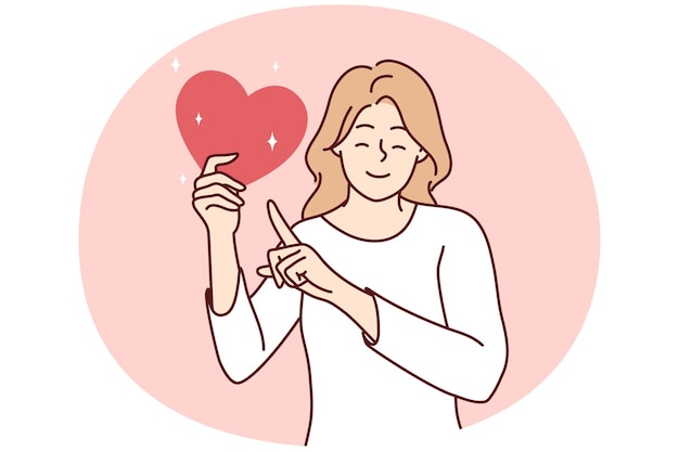 Una giovane donna felice tiene lo spettacolo del cuore con il dito chiede donazioni o investimenti di beneficenza