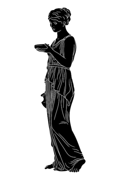 Una giovane donna greca antica, snella, si alza e tiene in mano una brocca di vino e una ciotola.