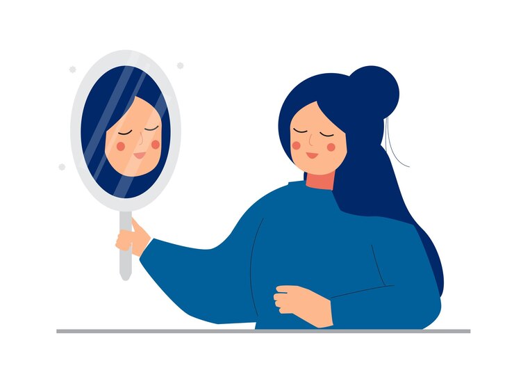 Vettore una giovane donna guarda il suo riflesso nello specchio con tristezza illustrazione vettoriale del concetto di disturbo dismorfico del corpo