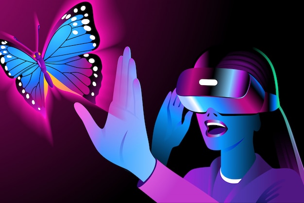 Una giovane donna in cuffia VR si guarda intorno e tocca una farfalla virtuale. Casco della realtà virtuale su sfondo nero