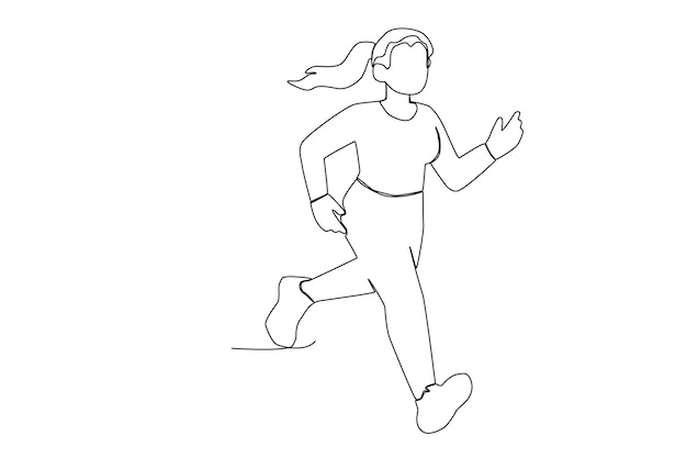Una giovane donna in forma con una coda di cavallo che fa jogging esercizio line art