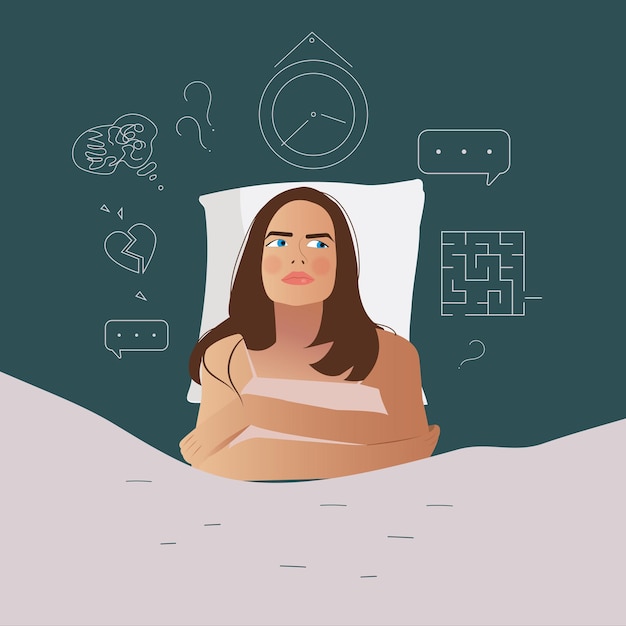 Una giovane donna soffre di insonnia, causa di problemi mentali, insonnia delle idee.