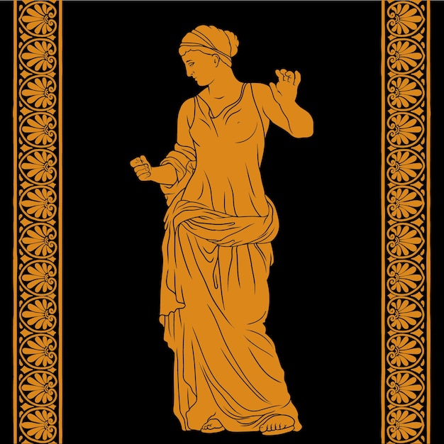 Una giovane e bella ragazza greca antica snella è in piedi e prova un vestito