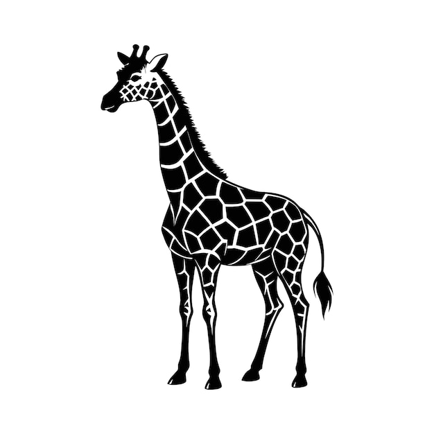 Una giraffa con un disegno in bianco e nero su sfondo bianco
