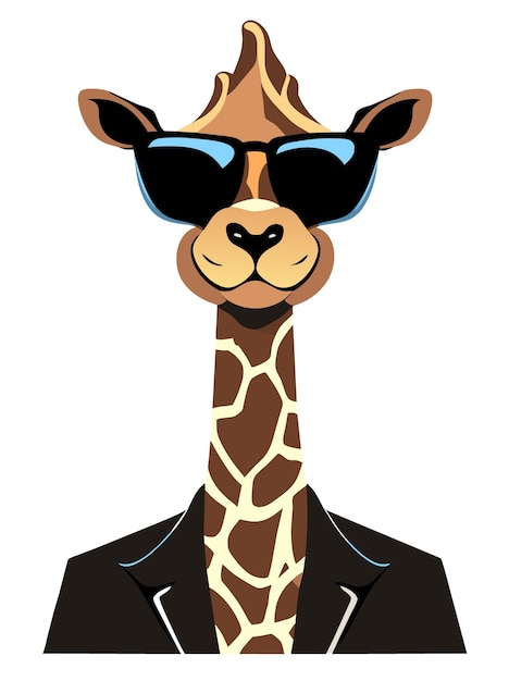 una giraffa divertente che indossa occhiali da sole con un sorriso sciocco linea piatta contorno nero su sfondo bianco