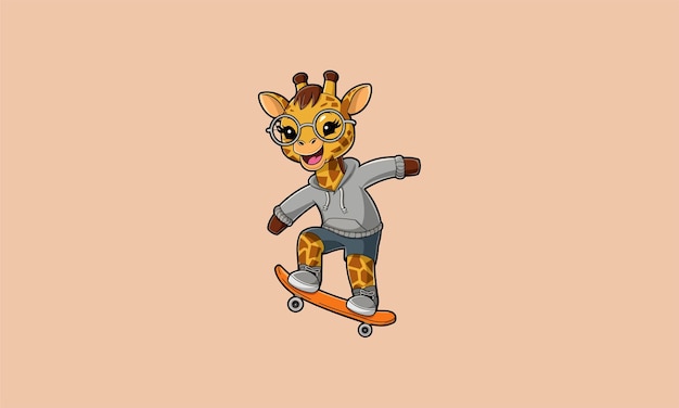 Una giraffa elegante che fa skateboard con cappuccio e occhiali