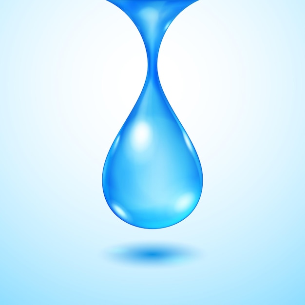 Una grande goccia d'acqua traslucida realistica nei colori blu con ombra
