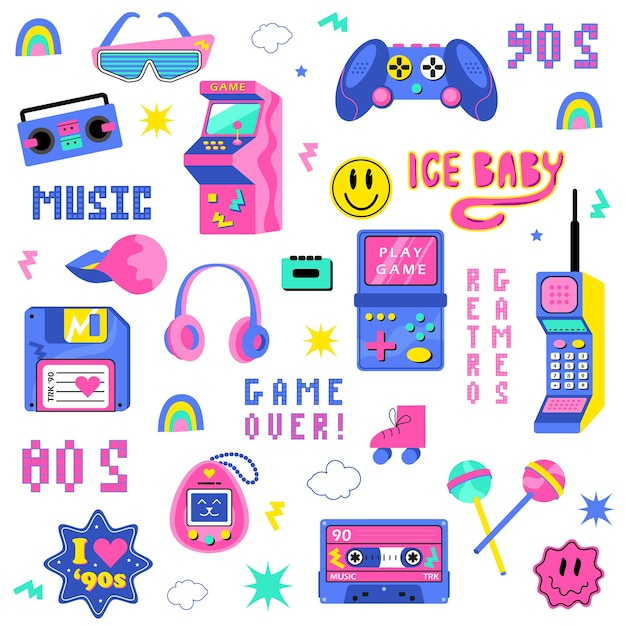 Una grande serie di anni '90, '80. Giochi retrò, cassette, Arkanoid, joystick, console, floppy disk, cuffie