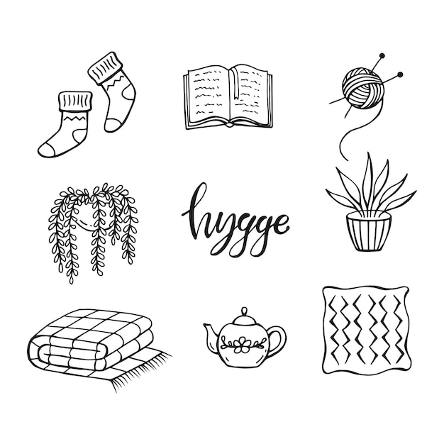 Una graziosa illustrazione di elementi di hygge, un'illustrazione vettoriale disegnata a mano