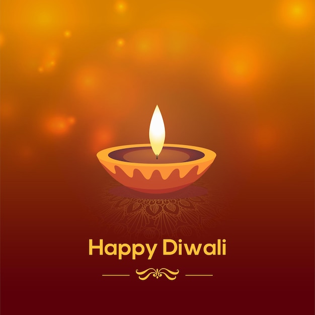 Una lampada Diya luminosa di Happy Diwali con motivi intricati sullo sfondo