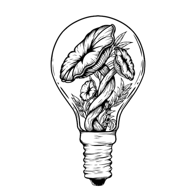 Una lampadina con funghi che crescono all'interno L'illustrazione è realizzata con inchiostro