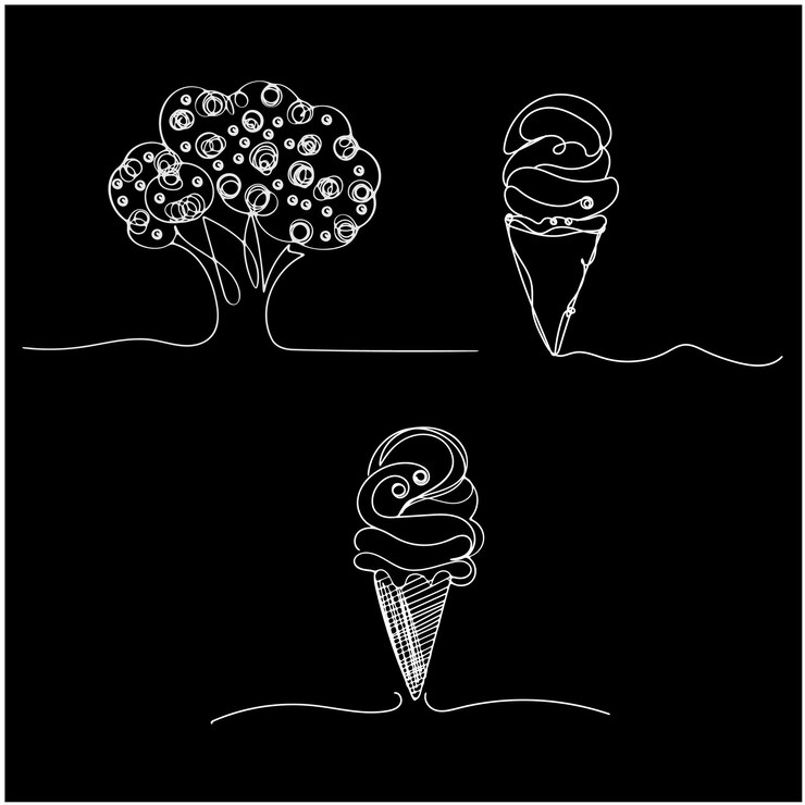 una lavagna con un albero e un cono di gelato su di essa
