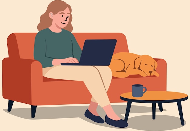 Una lavoratrice a distanza che lavora a casa con un cane che dorme accanto a lei