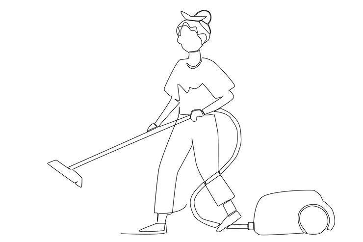 Vettore una lavoratrice che passa l'aspirapolvere sul pavimento line art