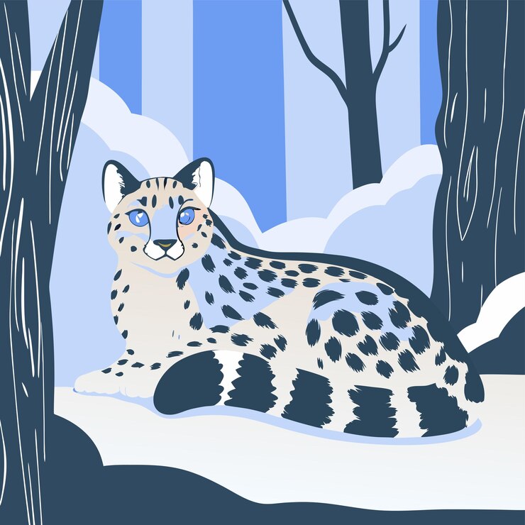 Vettore una leoparda delle nevi è seduta nella neve davanti a un albero