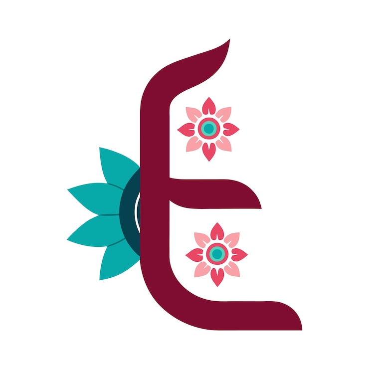 Vettore una lettera e è dipinta con un fiore e ha un fiore blu su di essa