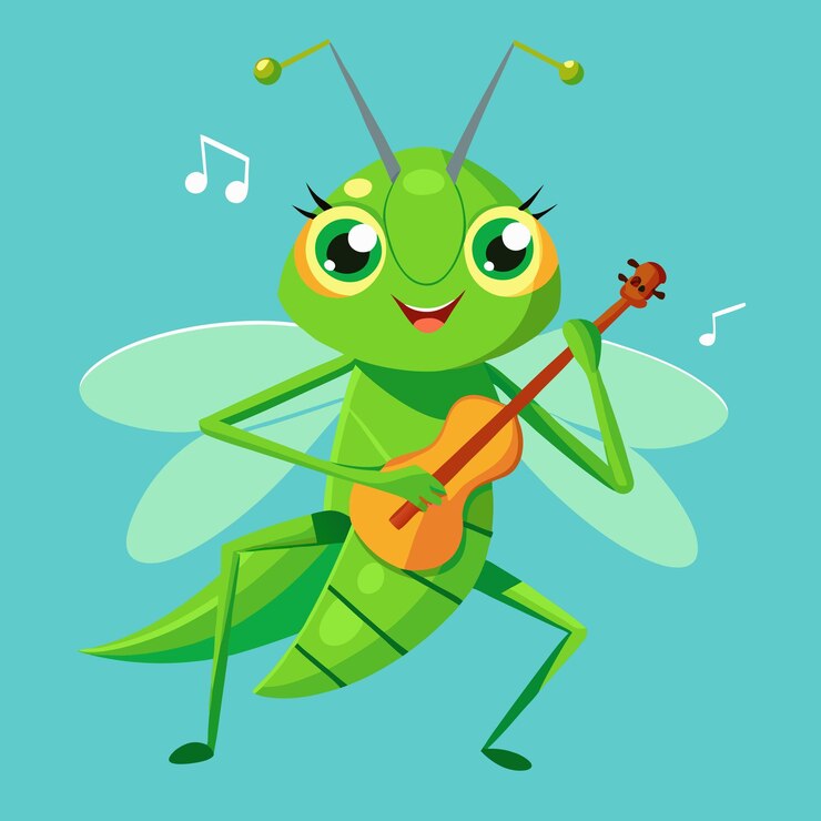 una libellula verde con una chitarra e una ragazza che suona il violino