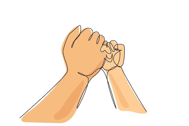 Una linea continua che disegna la mano della madre e del bambino che fa gesti che mantengono la promessa del concetto di famiglia felice