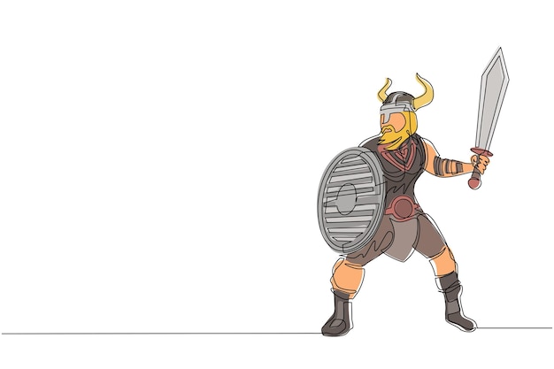 Una linea continua che disegna un forte e muscoloso guerriero arancione vichingo con spada e scudo furiosamente