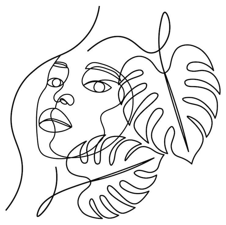 Vettore una linea di disegno faccia astratta con foglie di monstera