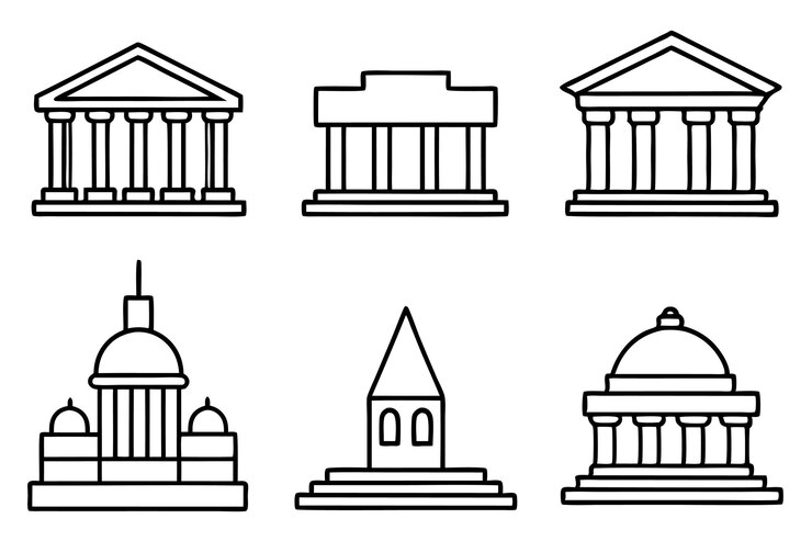 una linea di edifici diversi con colonne e colonne