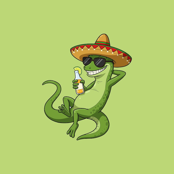 Vettore una lucertola dei cartoni animati che indossa un sombrero e occhiali da sole si rilassa mentre tiene in mano una bottiglia di birra con un lime