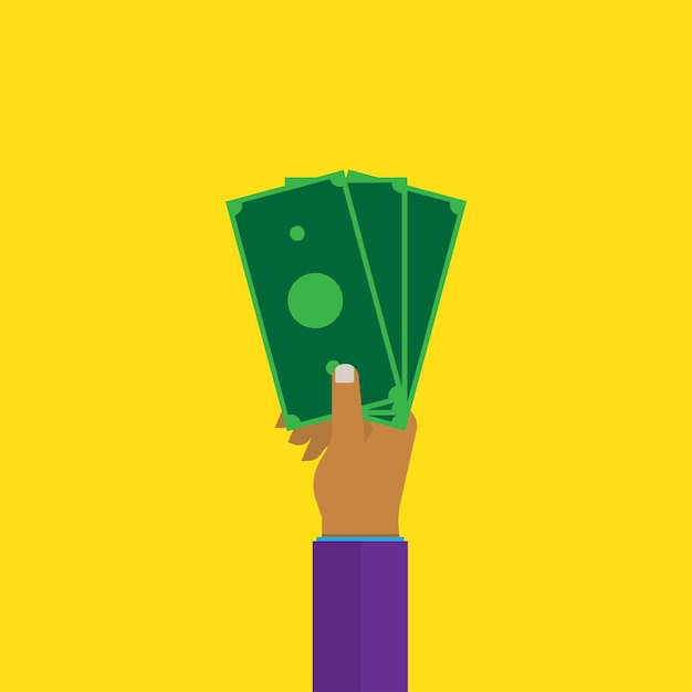 Una mano che tiene banconota verde sul prestito di sfondo giallo e oggetto e forma modificabile di design piatto vettoriale finanziario concetto