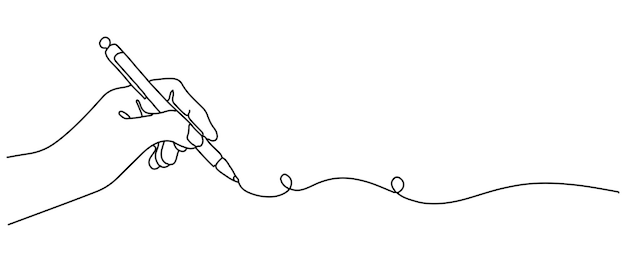 Una mano che tiene una penna e scrive in una singola riga Una semplice lettera lineare o idea di diario Simboli di una materia scolastica con tratti modificabili