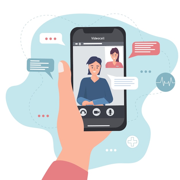 Una mano con uno smartphone e una persona sullo schermo Comunicare in messenger tramite videochiamata