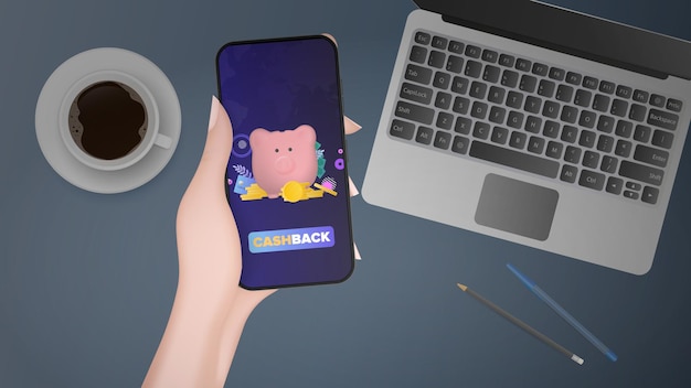 una mano tiene un telefono con un'applicazione di cashback. salvadanaio rosa