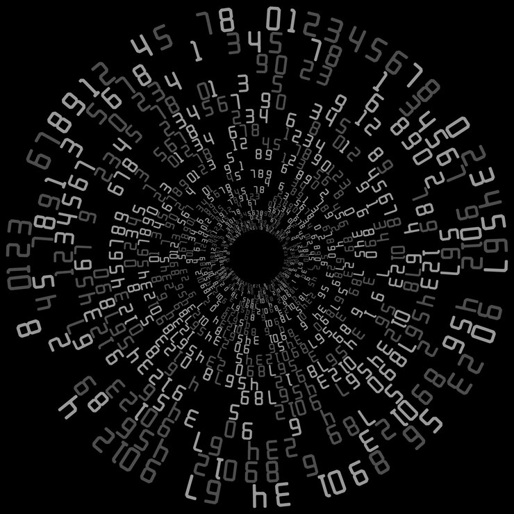 Vettore una matrice circolare uno sfondo con una disposizione caotica di numeri codifica decimale tecnologica del cyberspace dei dati sfondamento per idee tematiche