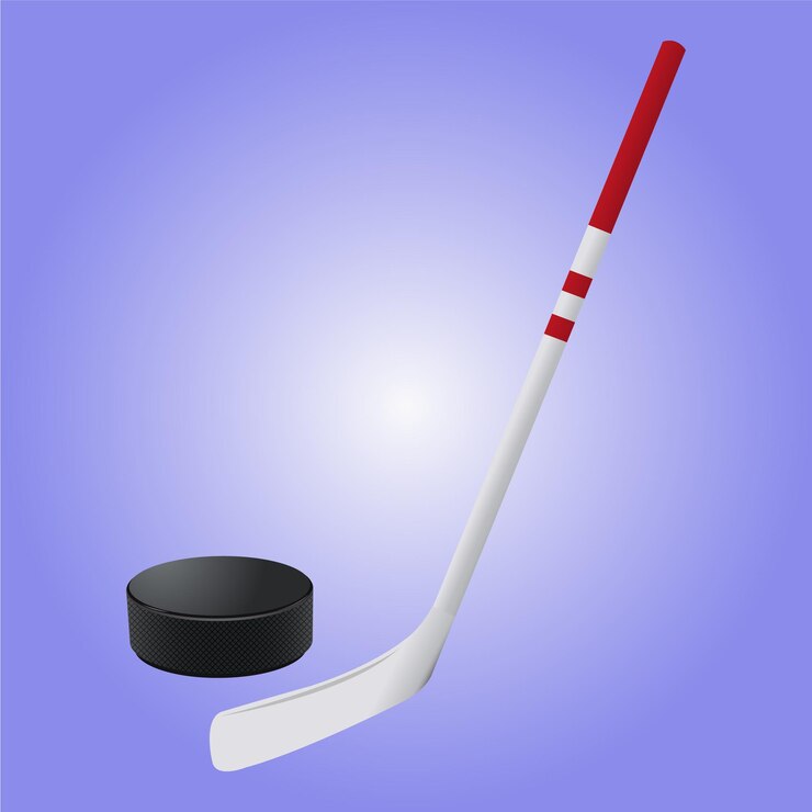 Una mazza da hockey e un disco sono su uno sfondo viola.