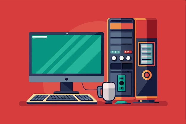 Una moderna configurazione di computer desktop con una tastiera a schermo semiflat e una tazza da caffè su uno sfondo vibrante Customizzabile computer desktop moderno con illustrazione semiflat