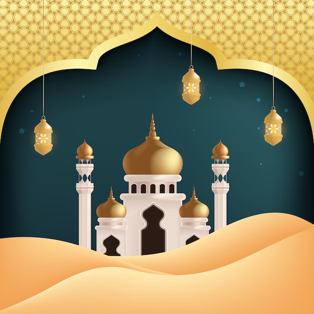 Una moschea con una cupola dorata nel deserto e motivi islamici sullo sfondo