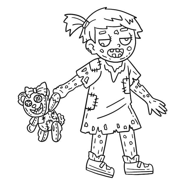 Una pagina da colorare carina e divertente di una ragazza zombie con peluche fornisce ore di divertimento a colorare per i bambini Colorare questa pagina è molto facile Adatto per bambini piccoli e bambini piccoli