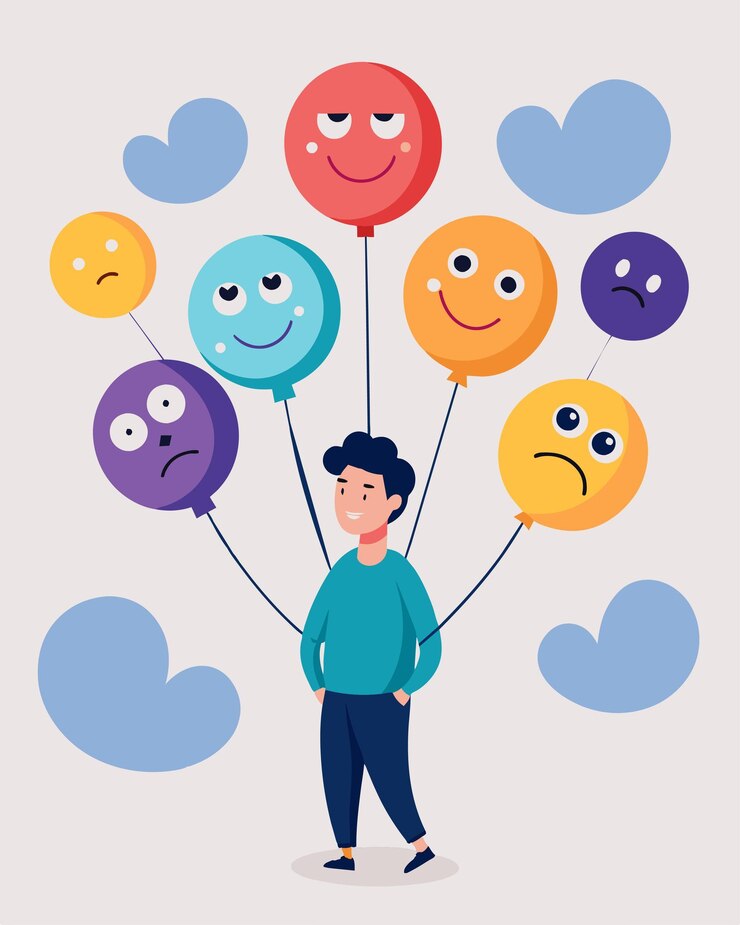 Vettore una persona circondata da palloncini di stress ciascuno etichettato con un'emozione negativa diversa come