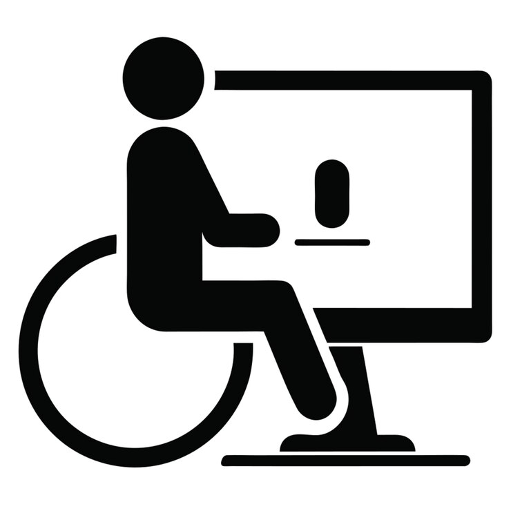 Vettore una persona in sedia a rotelle con un monitor per computer in fondo