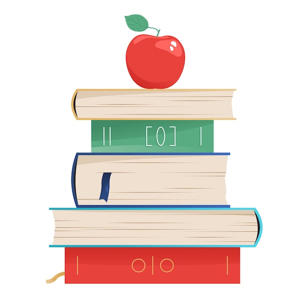 Una pila di libri con una mela rossa in cima
