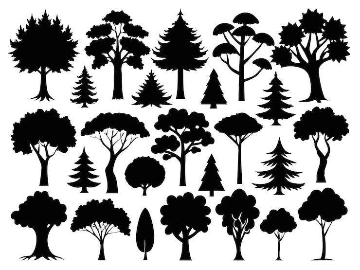 Vettore una raccolta di alberi di diverse forme e dimensioni