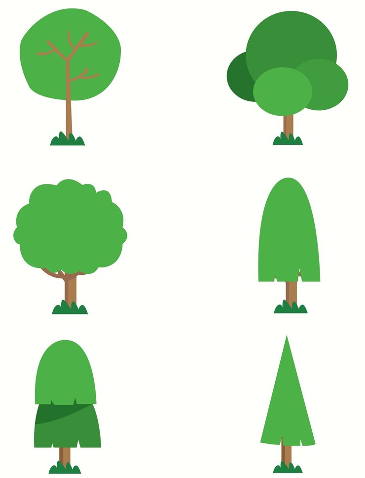 Una raccolta di alberi diversi con forme e forme diverse
