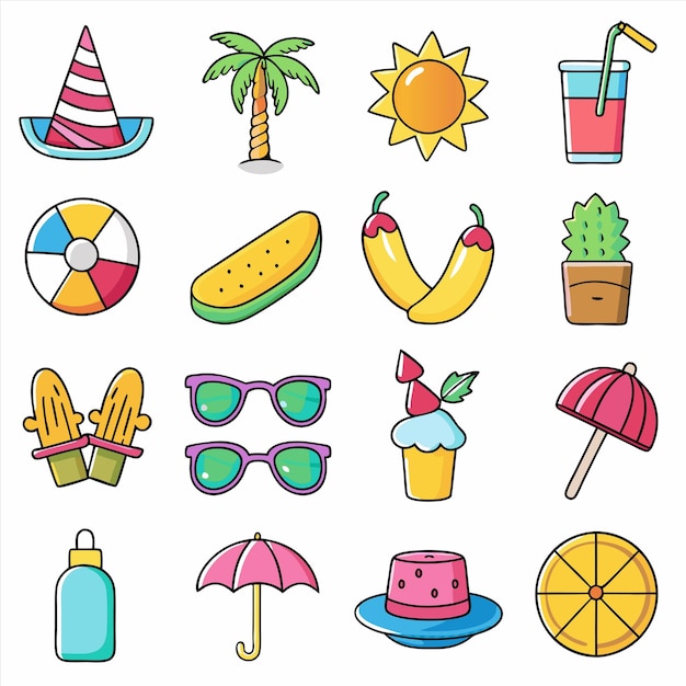 una raccolta di immagini di cose diverse tra cui un ombrello da spiaggia un cappello da sole e occhiali da sole