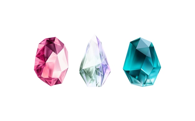 Una raccolta di immagini di diamanti di varie forme geometriche, colori e dimensioni Cristalli lucidi di vetro con diverse tonalità che riflettono la luce Set vettoriale realistico di pietre preziose luminose o ghiaccio colorato