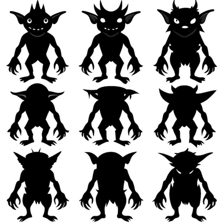 Vettore una raccolta di immagini di un mostro con una silhouette nera