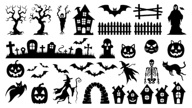una raccolta di immagini in bianco e nero di Halloween tra cui una casa un fantasma un fantasma e una casa