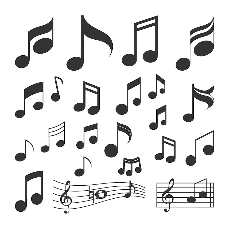 Vettore una raccolta di note musicali che includono musica e musica