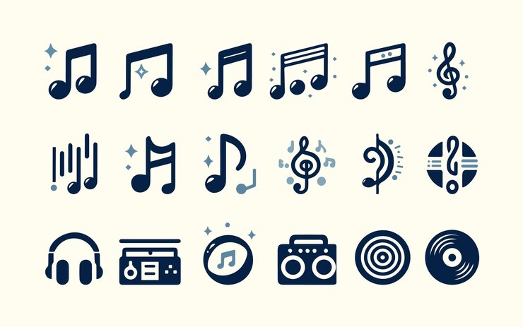 una raccolta di note musicali e simboli, comprese le icone musicali