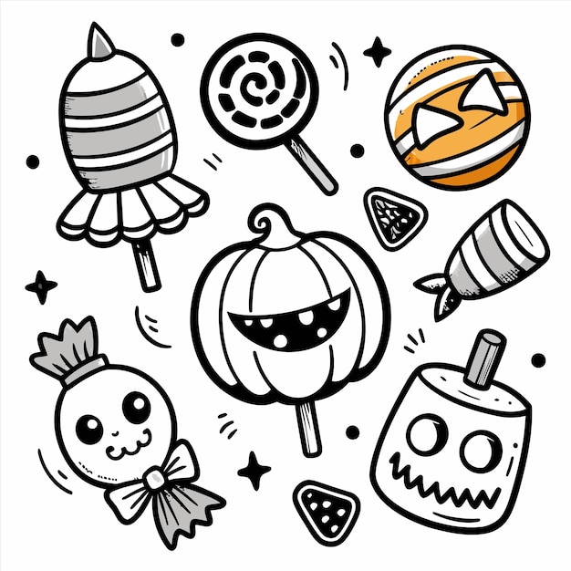 una raccolta di personaggi dei cartoni animati tra cui una zucca un cranio e un cranio