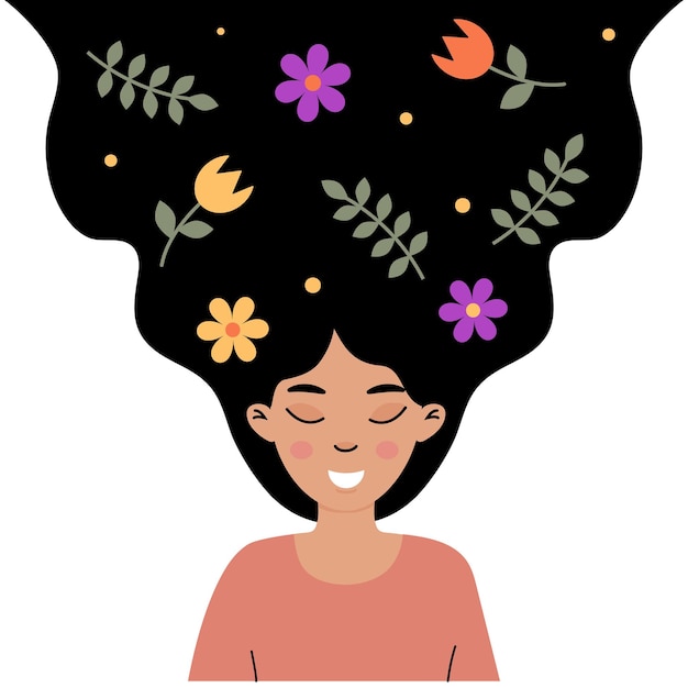 Una ragazza allegra con i capelli lunghi con fiori e foglie colorati su uno sfondo bianco