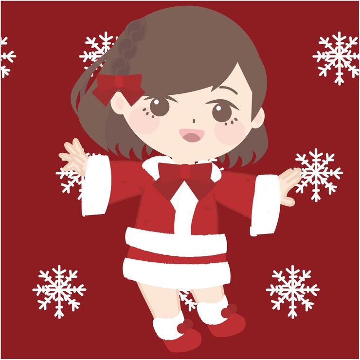 una ragazza carina che indossa il costume di Babbo Natale con fiocchi di neve sulla testa nello stile del pop kei maro