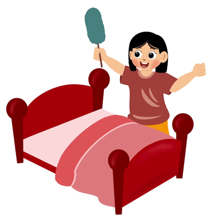 Vettore una ragazza carina felice che fa i lavori domestici, pulisce il letto, un bambino che fa il letto.